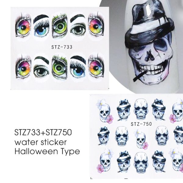 1x Skull Bone Nail Stickers Water Self Adhesive Halloween Slider Tattoo Big Eye Horror Decals for DIY Decor Wrap CHSTZ731-734