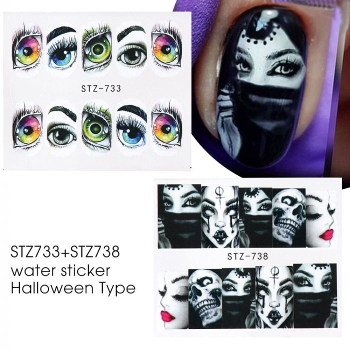 1x Skull Bone Nail Stickers Water Self Adhesive Halloween Slider Tattoo Big Eye Horror Decals for DIY Decor Wrap CHSTZ731-734