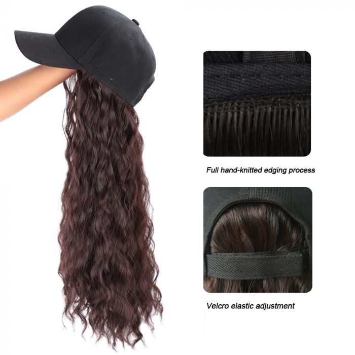 Long Synthetic Baseball Cap Hair Wig Natural Black / Brown Straight Wigs Naturally Connect Synthetic Hat Wig Adjustable For Girl