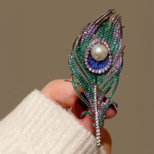 Pearl Peacock Feather Swarovski Crystal Heart Brooch