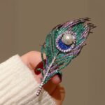 Pearl Peacock Feather Swarovski Crystal Heart Brooch