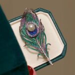 Pearl Peacock Feather Swarovski Crystal Heart Brooch